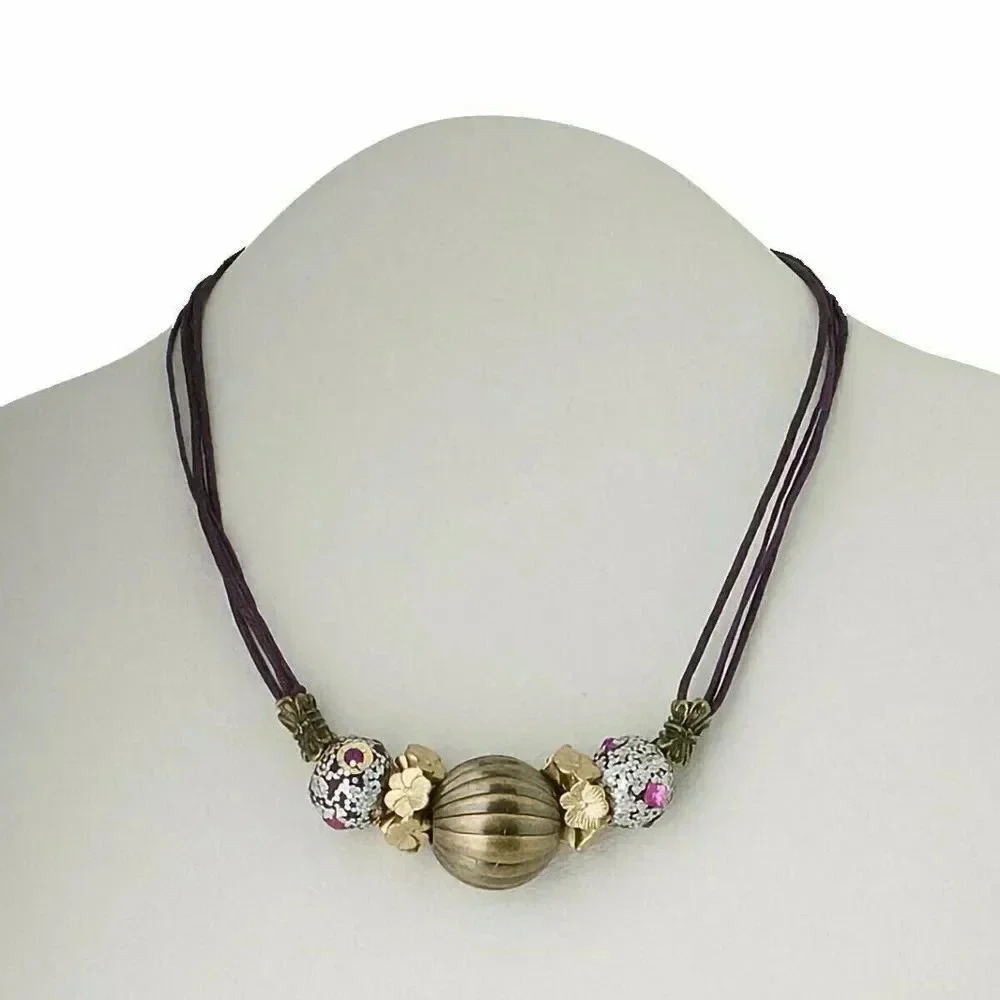 Chunky Kashmiri Lac Clay Antiqued Brass Purple Necklace